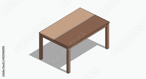 Isometric table illustration with brown table top and wooden legs casting a shadow on a white background