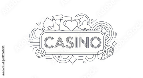 Casino Gambling Concept with Playing Cards, Dice, Roulette Wheel, and Chips