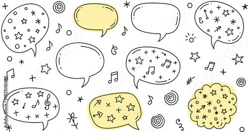 Set of hand drawn doodle speech bubbles with music notes stars and decorative elements in sketchy style for social media and communication design.