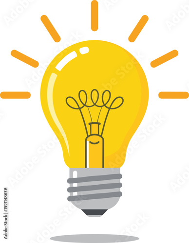 Glowing yellow light bulb vector illustration representing creative ideas innovation inspiration business solution and brain power in flat design style.