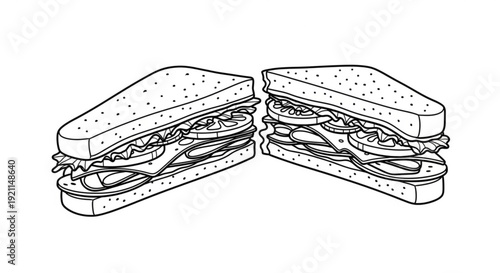 Detailed illustration of sandwiches cut in half, showcasing layered ingredients, on a clean white background from a straightforward viewpoint