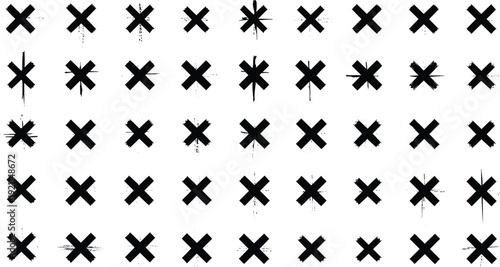 Set of black hand drawn brush stroke x marks on transparent background for design elements and corrections