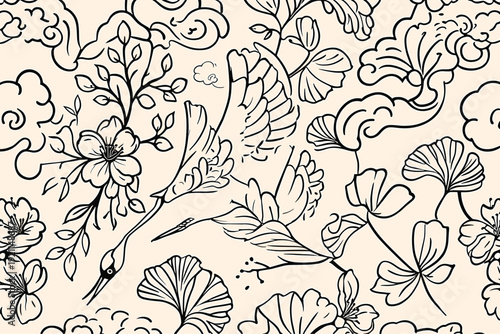 Summer pattern with tropical flowers, leaves. Frangipani flower and monster leaves. Coloring page for antistress book.