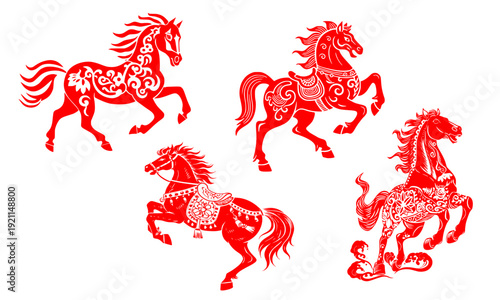 Red Chinese New Year 2026 Year of the Horse Zodiac Paper Cut Silhouette Set Featuring Four Dynamic Decorated Horses in Traditional Asian Festival Style
