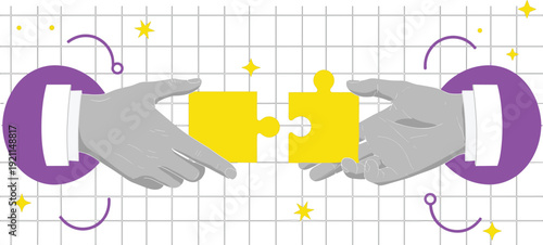 Flat vector illustration of two business hands connecting bright yellow jigsaw puzzle pieces representing teamwork, successful partnership, strategic collaboration, and creative problem solving.