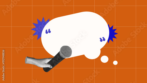 halftone collage, podcast or interview with hand holding microphone and speech bubble on orange background, for text quotes, caption text