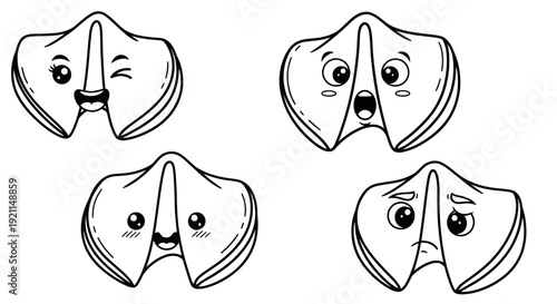 Cute Fortune Cookie Faces: Happy, Surprised, Winking, Sad