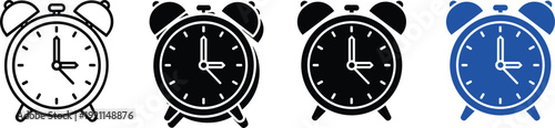 Collection of four alarm clocks showing different styles including outline solid and blue color