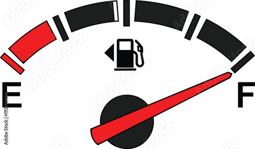 Fuel gauge showing empty to full range with needle indicating low or high gas level