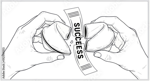 Hands breaking fortune cookie revealing success message, concept of luck and achievement