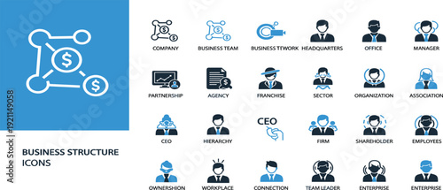 Business structure icons set for corporate hierarchy organization chart company management partnership team leadership agency and professional enterprise networking.