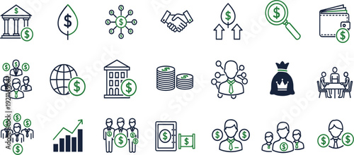 Business and finance line icon set with banking, investment, money growth, partnership and corporate management symbols