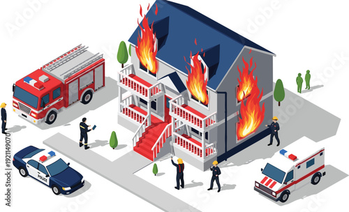 Isometric vector illustration of a burning house with firefighters fire truck ambulance and police car responding to an emergency rescue scene with flames.