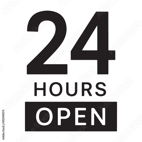 Vector 24 hours open sign icon in black and white