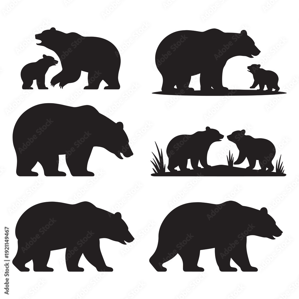 Fototapeta premium Black silhouettes of bears and cubs in various poses isolated on white background