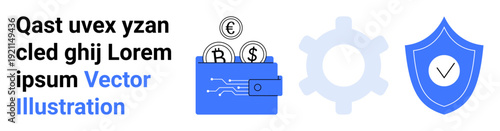 Financial technology, digital security, online transactions, blockchain, service automation, data protection. Wallet with currency symbols, gear and shield for security. Digital security financial