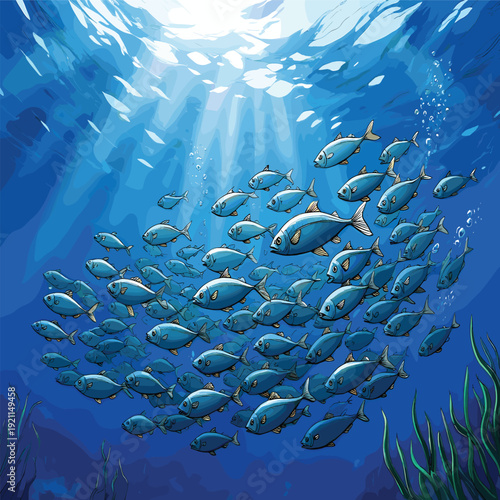 Blue Marlin Fish Swimming Under Water Cartoon Animal Character. Vector Illustration.