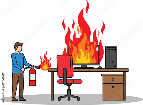 Man using fire extinguisher to put out burning computer on office desk, concept of workplace emergency, technical crisis, and fire safety.