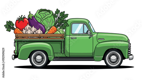 Green vintage pickup truck loaded with fresh farm vegetables.