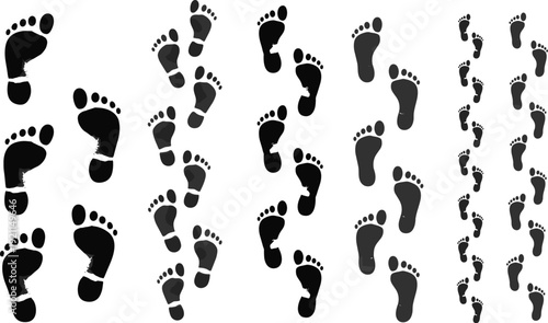 Set of human footprints in various shades of black and grey isolated on transparent background