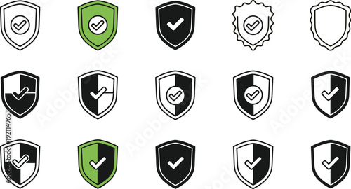 Set of black and green shields with checkmark icon isolated on transparent background vector