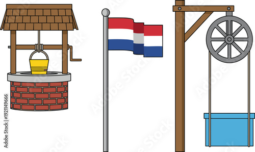 Old stone water well with wooden roof and pulley system isolated on white background for rustic village scenery and garden design illustration