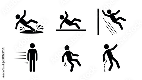 Set of icons depicting people falling in various hazardous situations.