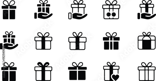 Gift Box Icon Set – Hands Holding Present with Ribbon, Christmas and Celebration Package Symbols Vector Collectio