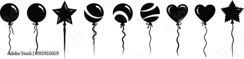 Set of black silhouette balloons various shapes and designs with strings for parties and celebrations
