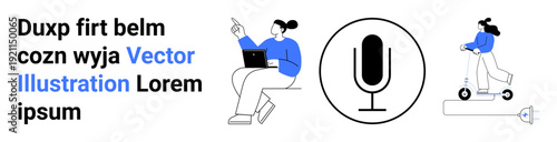 Technology, communication, voice recognition, mobility, modern lifestyle, media tools. A person on a scooter, another working on a laptop and a microphone icon. Communication and voice recognition