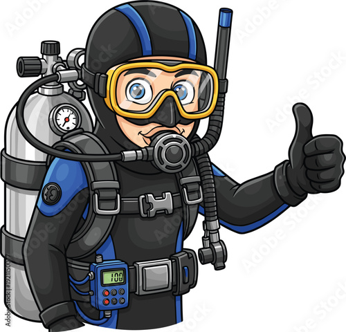 Cute cartoon scuba diver character in full gear with an oxygen tank giving a thumbs up gesture isolated on white