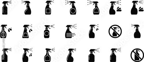 Set of black silhouette spray bottle icons with various liquid stream effects and prohibition signs