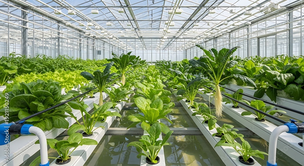 Fototapeta premium Indoor hydroponic farm with lush green plants and modern irrigation system in a large greenhouse viewed from the center