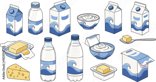 Assortment of dairy products including milk butter cheese yogurt and cream