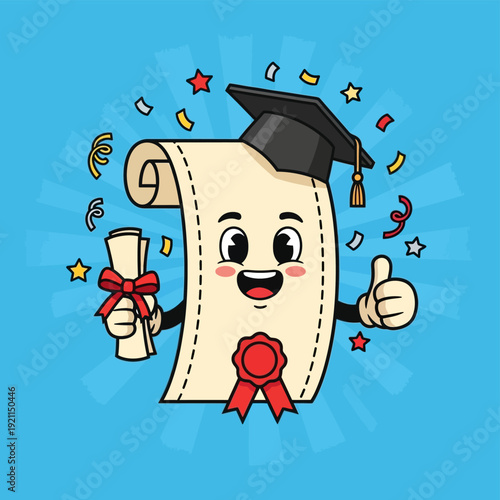 Cartoon Certificate with Graduation Cap Character.