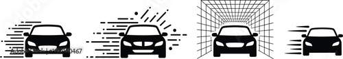 Car wash service icons showing vehicle entering automated tunnel with speed lines and cleaning spray vector