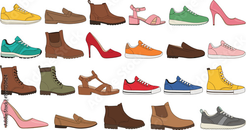 Footwear collection featuring various types of shoes boots heels and sneakers in multiple colors vector art