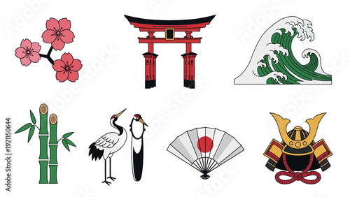Collection of Japanese cultural symbols and elements.