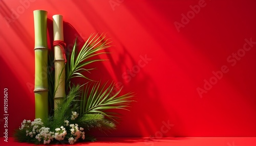 Traditional Japanese Kadomatsu decoration with bamboo, pine, and plum blossoms on red background