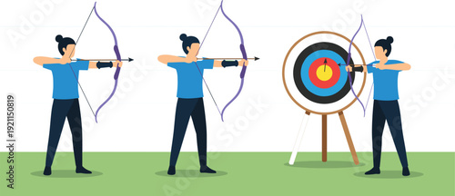 Flat vector illustration of three female archers practicing with bows and arrows at a target on a green field