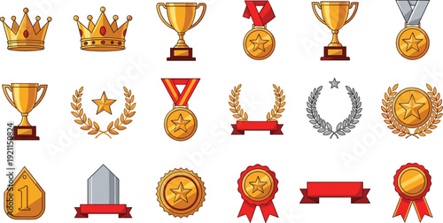Set of reward icons including gold trophies, medals, crowns, and ribbons for achievements