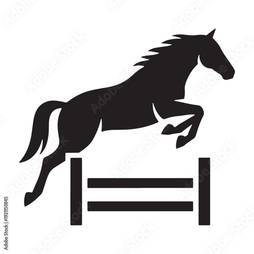 Black horse silhouette jumping over hurdle isolated on white background