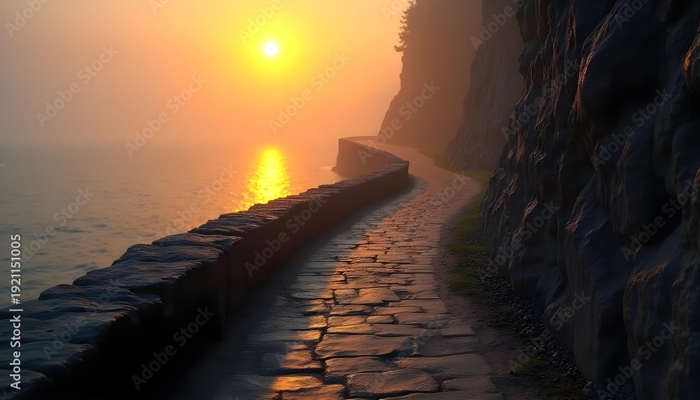 Naklejka premium Scenic coastal path at sunrise with sun reflecting on the calm ocean water
