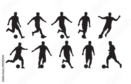 Silhouette illustrations of soccer players in various actions