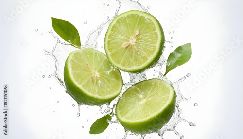 Fresh lime halves splashing into water with green leaves and water droplets