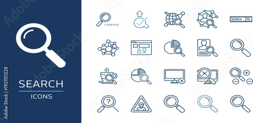 Search engine optimization icon set with magnifying glass symbols for data analysis web browsing research and digital marketing information