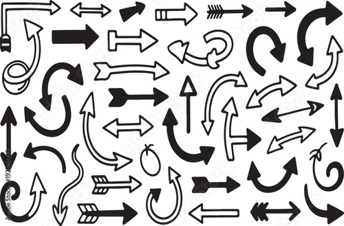 Assorted collection of hand-drawn and geometric arrow icons and symbols in black and white, indicating direction and movement.