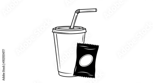A simple black and white illustration of a disposable cup with a straw and a small packet next to it, perfect for representing refreshments or fast food packaging