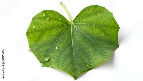 Close-up of a vibrant green leaf with water droplets on a clean white background