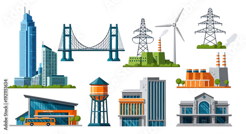 Collection of various urban and industrial infrastructure elements including buildings, bridges, power plants, and transport hubs.